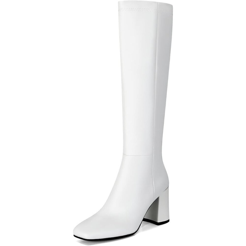 Women's White Faux Leather Fashion Square Toe Chunky Heel Knee High Boots